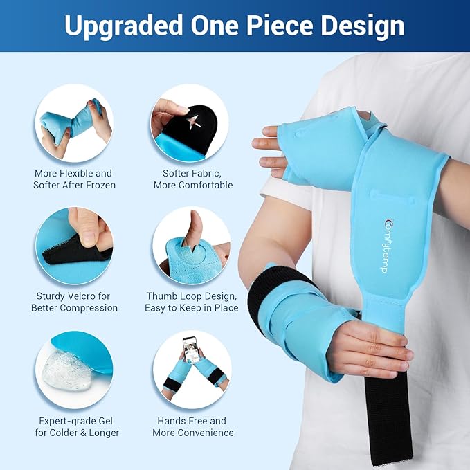 Comfytemp 24.5" Extra Long Wrist Ice Pack Wrap for Carpal Tunnel Relief, Reusable Gel Wrist Brace Hot Cold Compress for Hand Forearm Pain, Injuries, Arthritis, 2 Packs