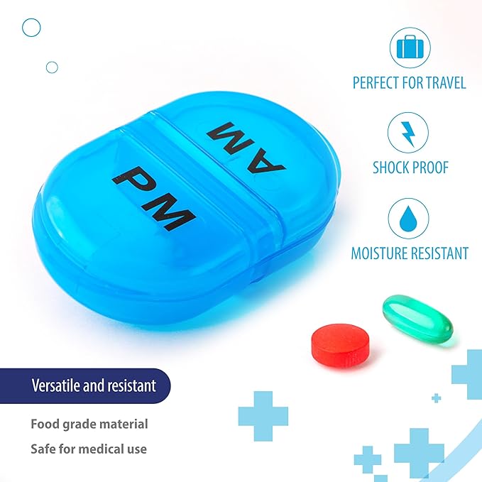 Deke Home - Pill Organizer AM PM, 2 Compartment Pill Box for Pocket or Purse, Small Daily Medicine Case, Travel Pill Holder, Easy Open Pill Container for Seniors, Vitamins & Supplements (Blue)