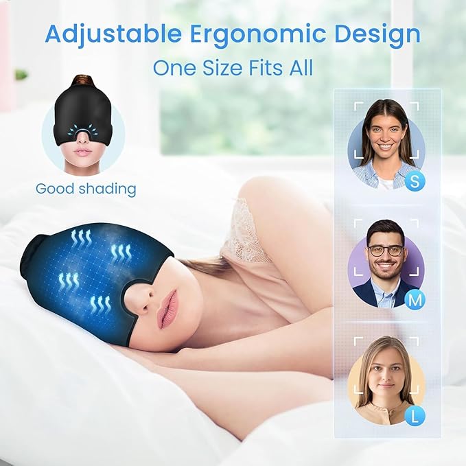 Migraine Relief Cap – Reusable Gel Ice Pack Mask for Headache & Sinus Pain, Cold Therapy Cooling Hat for Tension, Puffy Eyes & Stress Relief
