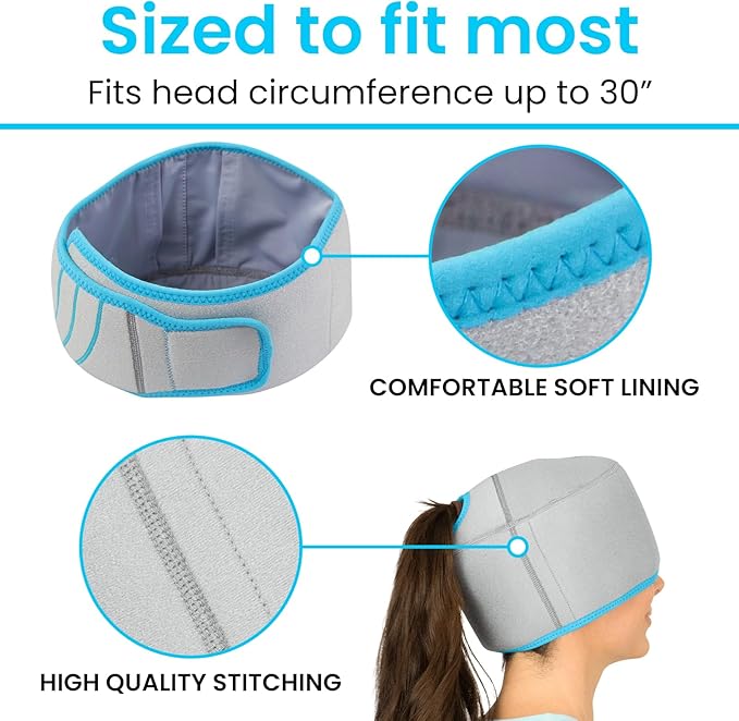 Vive Migraine Relief Cap - Hot & Cold Compression Hat for Headache - Full Head Ice Wrap Beanie & Eye Mask for Tension & Pressure Relief - Cooling Headband - Reusable & Flexible Soft Gel Packs