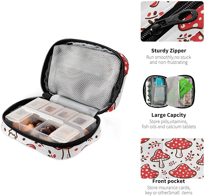 Pill Box Red Mushroom 7 Day Pill Case Travel Pill Organizer Bag with Zipper Portable Weekly Vitamin Medicine Supplement Holder Pouch Bag