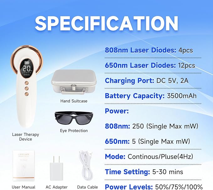 Red Light ColdLaser Therapy Device for Dogs, Handheld Infrared Light Therapy Device with Portable Suitcase, Clearly LED Display & Continuous/Pulse Mode & 3 Levels Power, 12pcs 650nm & 4pcs 808nm