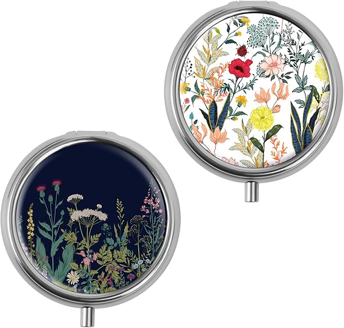 Mini Pill Box, Small Pill Box, Portable Pill Box, Cute Pill Organizer for Vitamins, Medications, Fish Oil and Supplements (White Flowers + Black Flowers)