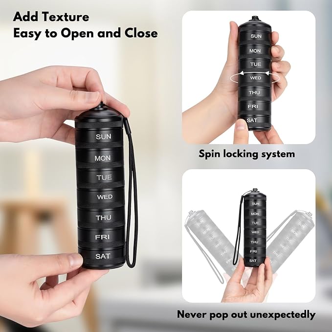 Metal Travel Pill Organizer Weekly – Waterproof Aluminum Alloy 7 Day Pill Box, Large Compartments for Vitamins, Medicine, Supplements & Fish Oil, Portable Daily Pill Case Medication Container