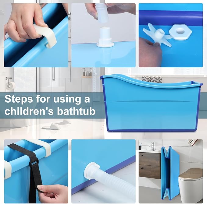 Portable Bathtub for Adults 39 Inch Large Folding Bathtub SPA Soaking Standing Collapsible Tub Soaking Hot SPA and Ice Bath Tub (Blue)