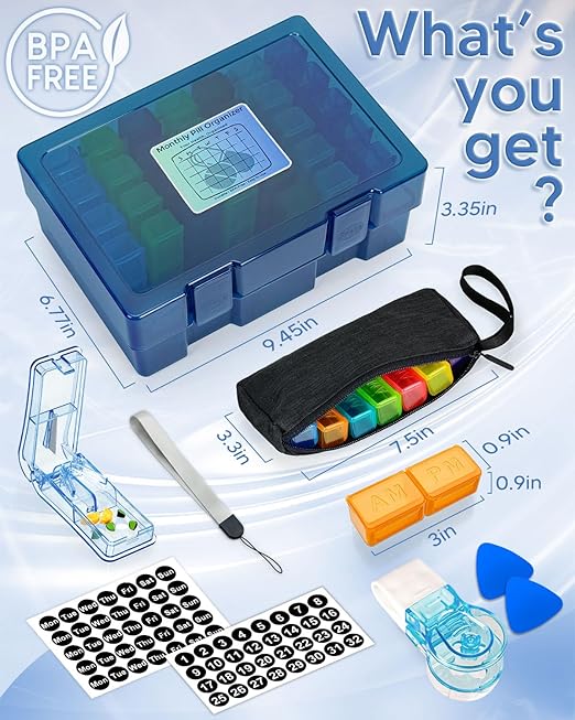 Monthly Pill Organizer 2 Times a Day, FRIWOLE Medicine Box with Portable Weekly Pill Bag, Pill Taker Remover, Pill Cutter and 2 Sticker(Blue, 2 Times a Day)