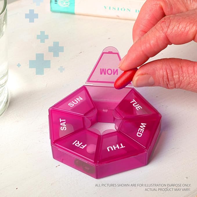 Deke Home - Small Weekly Pill Organizer, Round Pill Dispenser for Travel, Mini Pill Organizer, Compact Medicine Holder, Pill Sorters 7 Days, Portable Vitamin Container, BPA Free (Food Grade)