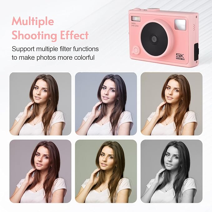 Andoer 5K Digital Camera WiFi Pink Compact Camera 72MP Dual Lens 2.8 Inch IPS Screen Auto Focus 18X Digital Zoom LED Flash Color Filters Birthday Festival Gift for Students Teenagers Friends