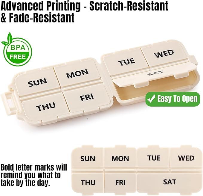 7 Day Compact Pill Organizer, Foldable Portable Travel Pill Box with Double Protection, Daily Small Pill Case Dispenser for Medication, Vitamins, Supplements (Khaki)