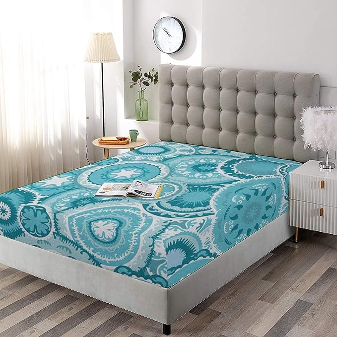 Decorative Bedding Sheet Set Full Size, Aqua Deep Pockets Fitted Sheet & 2 Pillowcases Set(No Flat Sheet), Tribal Hippie Floral Leaves Mandala Rounds Traditional Print Microfiber 3pc Bed Sheets Set
