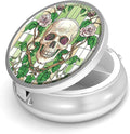 Pill Box-3 Compartment Small Pill Case for Purse & Pocket Mini Metal Pill Holder Travel Pill Container to Hold Supplements Vitamins BPA-Free (Skull and Rose)