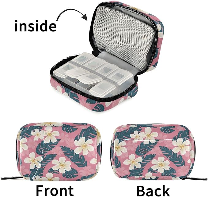 Fustylead Tropical White Hibiscus Floral and Palm Leaves Pill Organizer for Purse, Weekly Portable Pill Box with Zipper to Storage Vitamins Fish Oils Medications Supplements