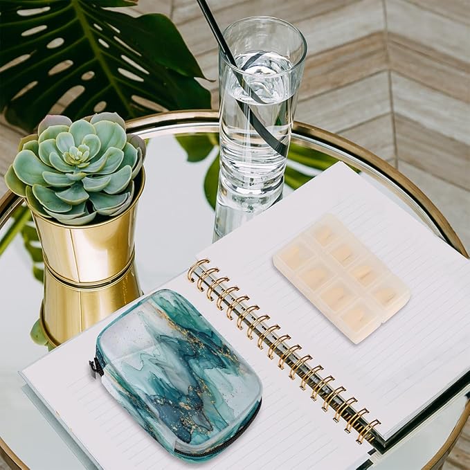 Abstract Teal Marble Travel Pill Organizer Box Weekly Portable Pill Case Daily Pills 7 Day Small Birth Control Pills Container Removable Compartments for Medicine Vitamins Fish Oil