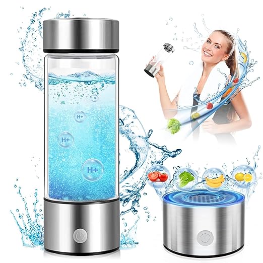 Hydrogen Water Generator Bottle, 14 Oz Portable Hydrogen Water Bottle with SPE and PEM Technology, Rechargeable Portable Glass Hydrogen Rich Water Generator Bottle Silver Color