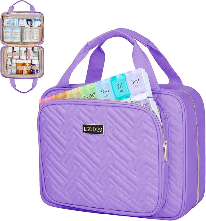 Leudes Travel Pill Bottle Organizer,Medicine Organizer and Storage,Home Medication Bag, Cases,Carrier for Pills,Vitamin,Fish Oil,Supplements for Women and Men (Medium, Purple)