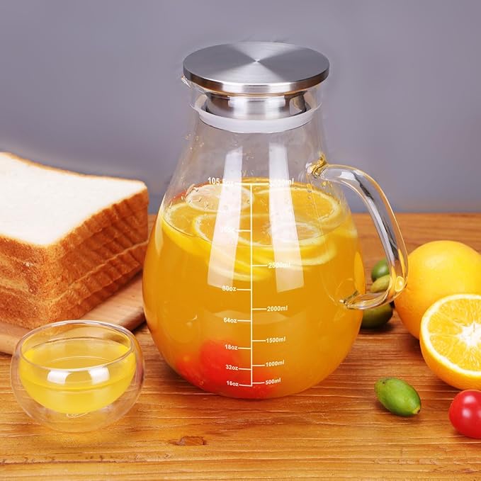 Glass Pitcher, Glass Water Pitcher with Tight Stainless Steel Lid, 105.5oz/3L Heat Resistant Borosilicate Glass Carafe, Temperature Safe