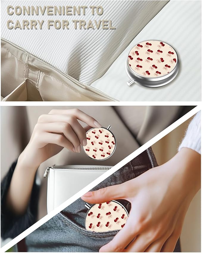 Pill Box, 3 Compartment Portable Travel Medicine Box with Mirror, Compact and Cute, Fits in Purse and Pocket, Medicine and Vitamin Organizer (Cherry)