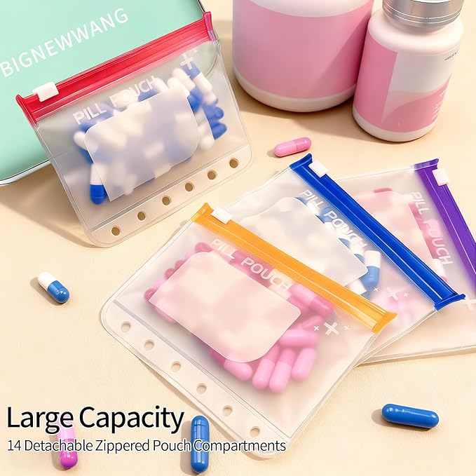 Extra Large Weekly Pill Organizer Set, Reusable Pill Bags with 14 Coded Pouches for Home and Travel, 7 Day with AM PM Large Storage Portable Medicine Pill Case for Fish Oils, Vitamins