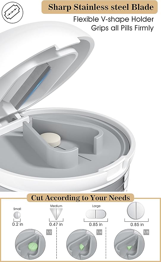 White-1 Pill Splitter and Cutter, Crushes Tablets, Vitamins, Stainless Steel Blade, Removable Drinking Cup