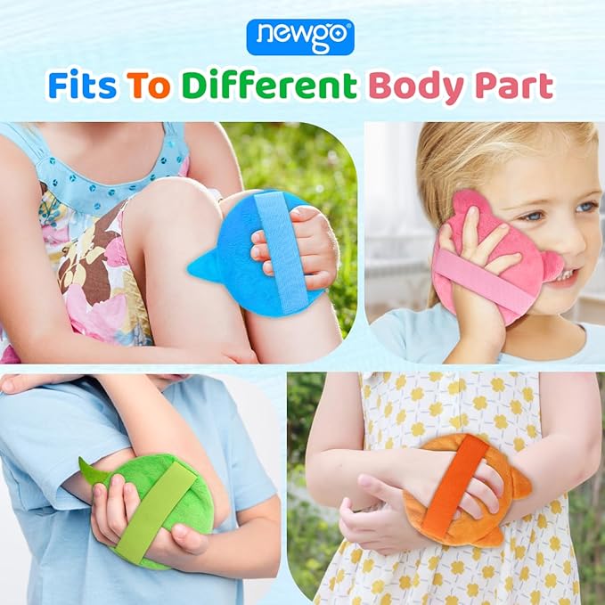 NEWGO Kids Ice Pack for Boo Boos, Reusable Gel Cold Packs with 4 Cute Plush Sleeves for Toddlers and Babie, 4 Hot & Cold Compress Packs for Pain Relief, Fever, Wisdom Teeth, First Aid, Bumps