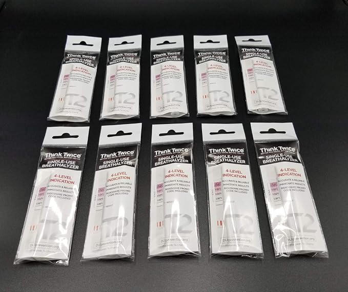 Think Twice Single-Use Breathalyzer - 10 Count - Disposable Alcohol Test 0.00% - 0.08% BAC