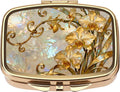 Dynippy Pill Case Pill Box with Mirror Retro Pocket 2 Compartment Medicine Case Vitamin Pill Organizer for Pocket Purse and Travel (Gold- Enamel Copper Flowers)
