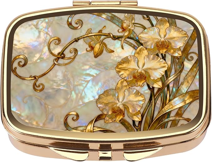 Dynippy Pill Case Pill Box with Mirror Retro Pocket 2 Compartment Medicine Case Vitamin Pill Organizer for Pocket Purse and Travel (Gold- Enamel Copper Flowers)