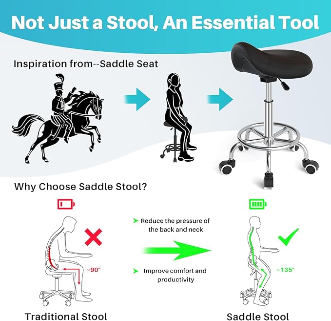 YEEZEE Saddle Stool Ergonomic- Comfortable Rolling Saddle Stool with Wide Thick Saddle Seat Padding, Swivel Adjustable Saddle Chair with Wheels and Ring Pedal for Medical Massage Salon (Dark Black)
