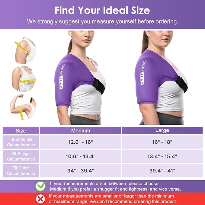 Comfitech Shoulder Ice Pack Wrap Sleeve for Better Putting On & Off, Reusable Gel Cold Pad for Arm, Medium, Purple