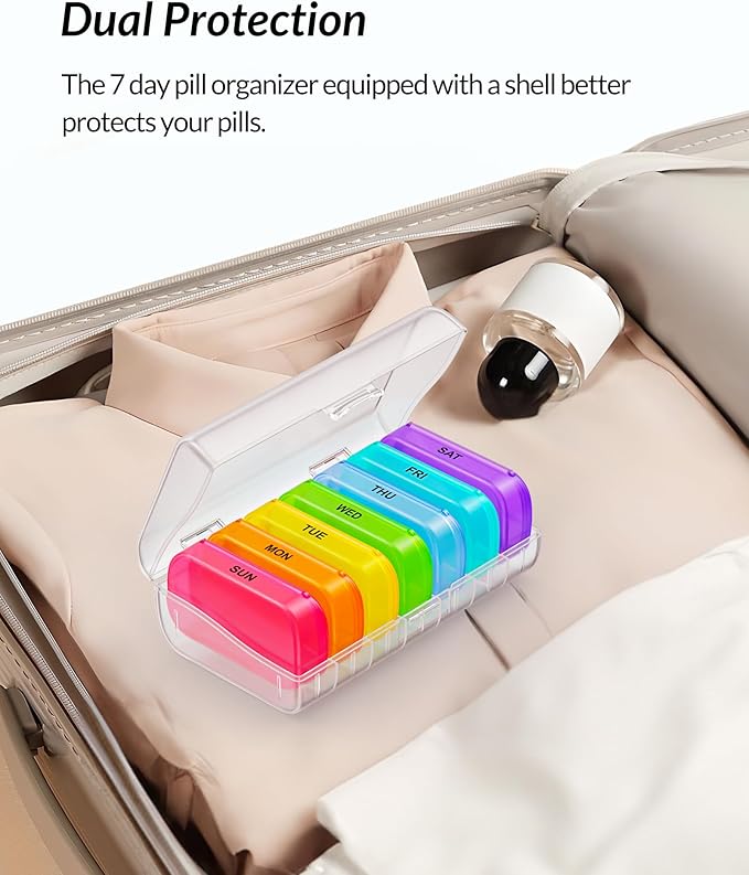ZIKEE 7 Packs Extra Large Pill Organizer, Portable Pill Box 7 Day for Pocket, Purse, Weekly Pill Case with Dual-Protection Design, Pill Container for Medication, Vitamin, Fish Oil, Supplement