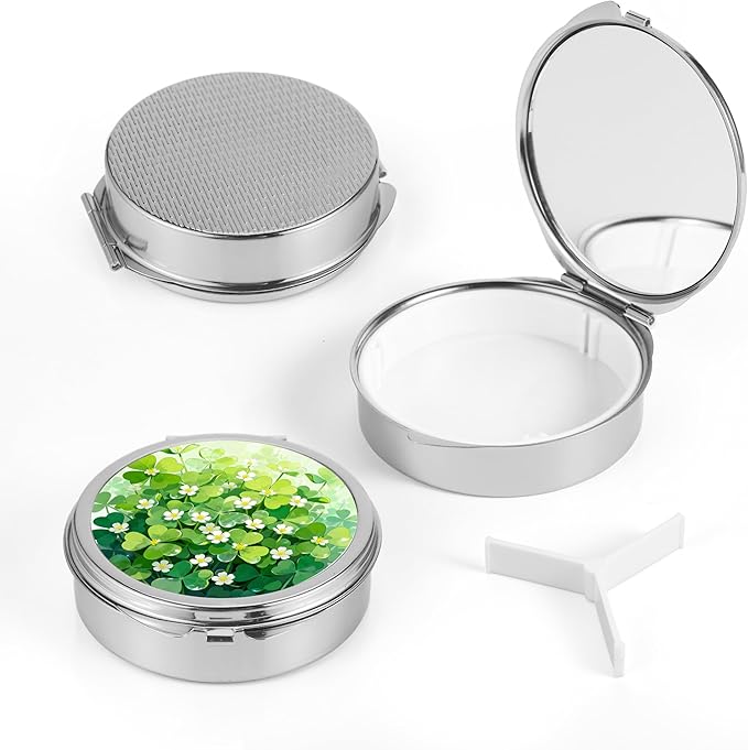 Dynippy Pill Case Pill Box with Mirror Pocket 3 Compartment Medicine Case Vitamin Pill Organizer for Pocket Purse and Travel (Round, Silver-Lucky Shamrocks)
