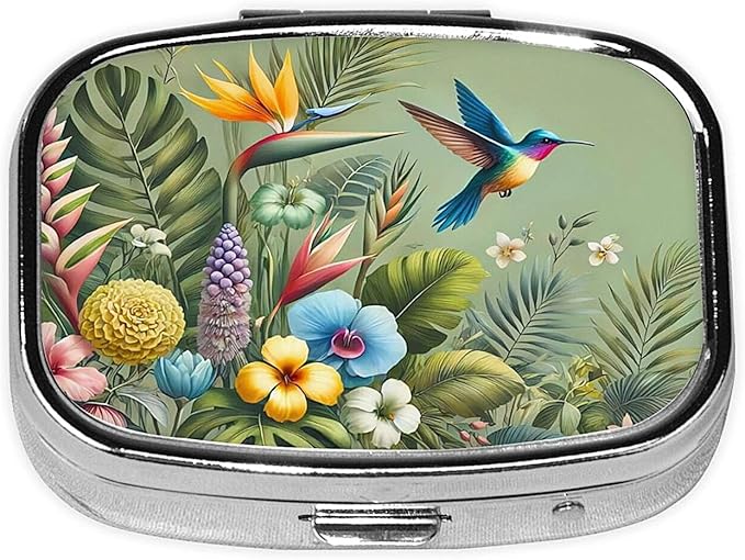 ABLESKY Pill Box, 2 Compartment Pill Organizer Case for Pocket or Purse, Small Portable Metal Travel Medicine Box with Mirror, Daily Vitamins Fish Oil Container-Natural Flowers Hummingbird