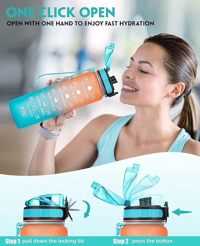 Motivational Water Bottle with Time Marker and Fruit Strainer, Leak-Proof, BPA Free, Non-Toxic, with Carrying Strap, Perfect for Fitness, Gym and Sports