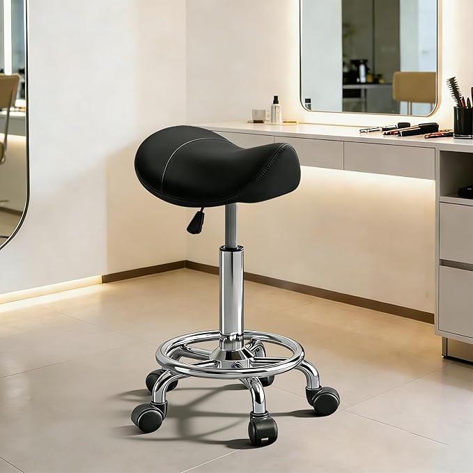 Saddle Stool with Wheels, Adjustable Rolling Stool Chair with Back Support, Ergonomic PU Leather Saddle Chair for Salon, Massage, Tattoo, Medical, Spa, Office (Black, 1PCS)
