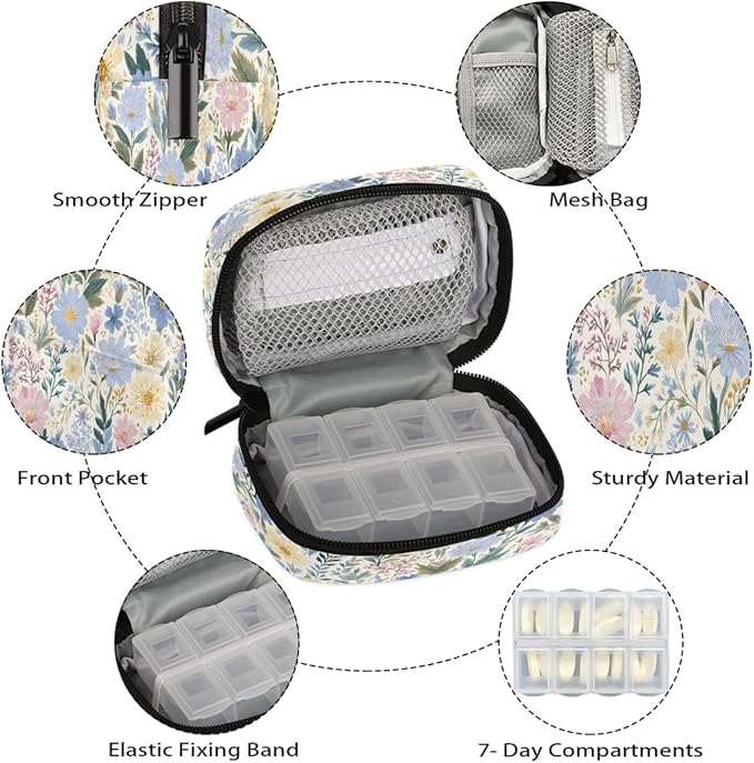 Spring Flowers Art Pill Case Travel Pill Organizer Weekly 7 Day Portable with Zipper Medicine Box Pill Case for Vitamins, Birth Control,Fish Oils,Medication, Supplements