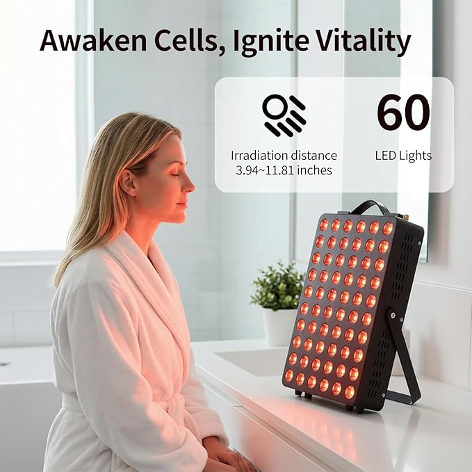Red Light Therapy for Body, 660nm 850nm Near Infrared Light Therapy Panel with Stand and Handle, 60 Dual Chip LEDs, Ideal Xmas Gift, for Body, Face, Recovery, Sleep, Skin Health, Black
