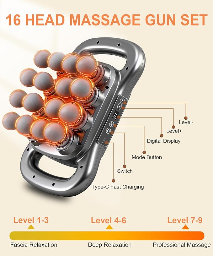 16 Head Massage Gun Set,Deep Tissue Percussion Massager with 9 Modes&Levels,Red Light Therapy,Electric Portable Muscle Massager for Back,Shoulders,Legs,Waists Muscle Pain Relief