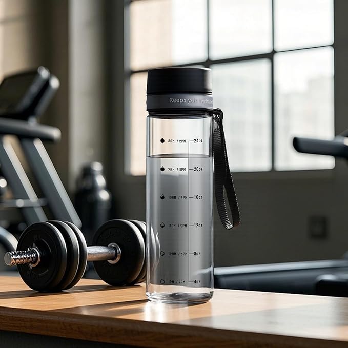 Plastic Water Bottles, 28oz Clear Water Bottle with Measurements, Wide Mouth Water Bottle with Strap, Gym Water Bottles for Men (Grey)