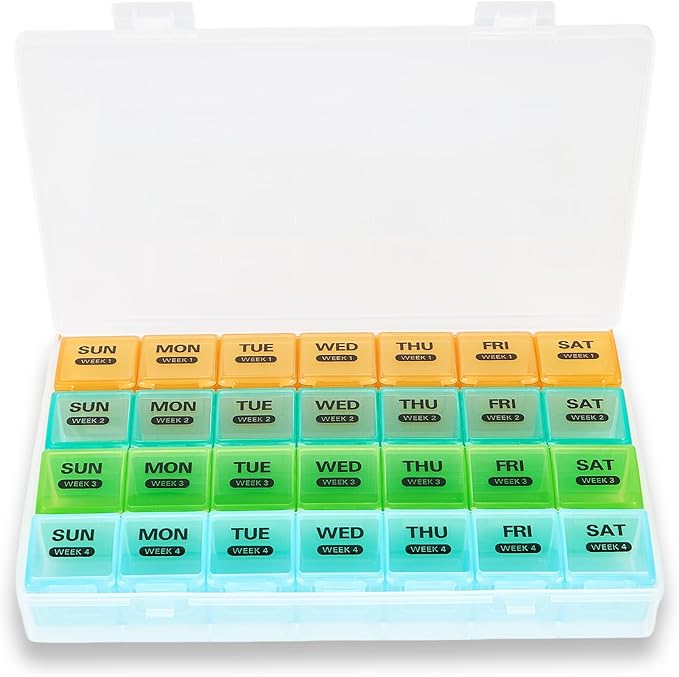 Monthly Pill Organizer, Once a Day, 4 Weeks a Month, 28 Days in a Large Pill Box, Portable for Travel, can Hold a Large Amount of Vitamins, Supplements, Fish Oil, and Medication (White)