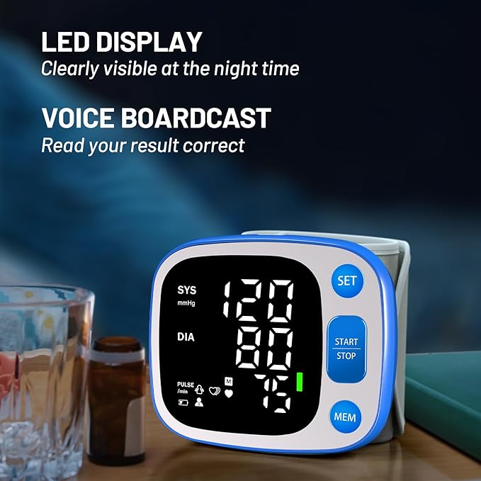 Oklar Blood Pressure Monitors for Home Use Rechargeable Wrist Digital BP Machine Cuff with LED Backlit Display, Voice Broadcast, 240 Memory Storage for 2 Users with Carrying Case, Blue