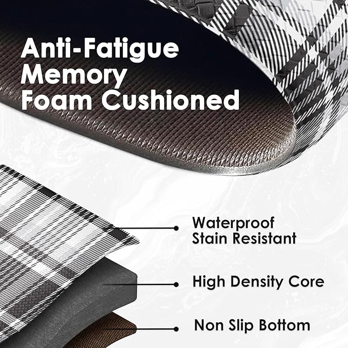 Arttown Black and White Anti-Fatigue Kitchen Rug Set of 2 Plaid Cushioned Floor Standing Mat Waterproof Non-Slip Mat and PVC Ergonomic Comfort Foam Rug