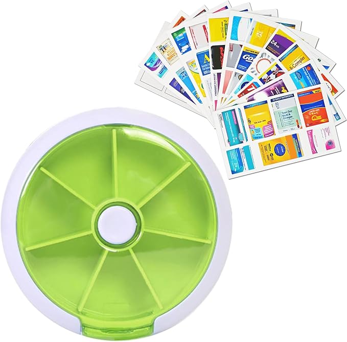 7 Grids Travel Pill Organizer Box 84-Pcs Medicine Name Labels Weekly 7-Day Pill Case Portable Medication Dispenser for Vitamins, Fish Oil & Supplements