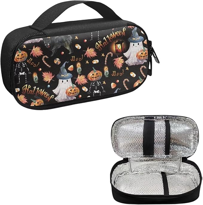 Halloween Ghost Pumpkin Diabetic Supplies Travel Case Glucose Meter Portable Storage Bag Insulin Pen and Medication Carrying Case for Test Strips, Lancets, Syringe, Needles