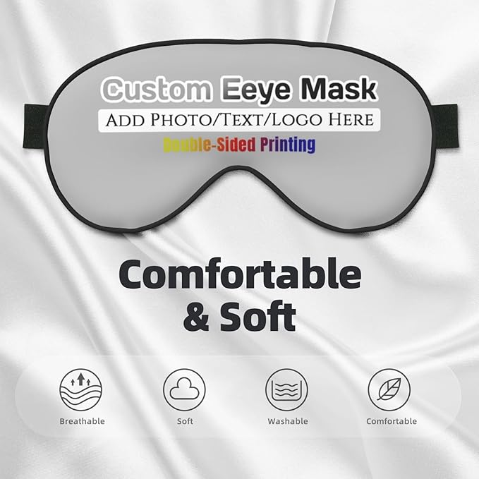 Custom Eye Mask for Sleeping Personalized Your Photo Text Logo Adjustable Strap Sleep Mask Customized Soft Blindfold Eyemask Blackout Eye Cover for Men Women Home Travel Offices Grey