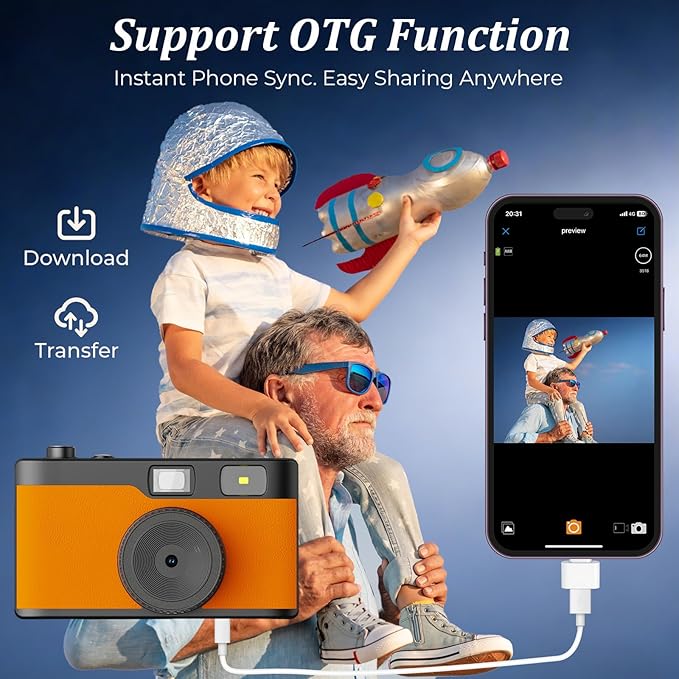Screen Free Digital Camera, Reusable 12MP Vintage Digital Camera with Unlimited DIY Filters, OTG Support and Flash Light for Summer Camp with 32GB Micro SD Card, OTG Adapter and Type-C Cable（Orange）