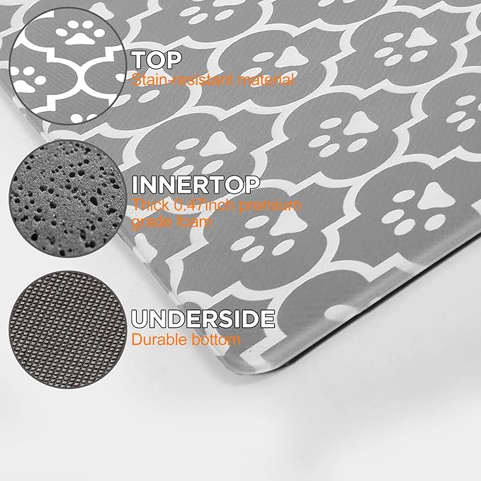 Grey Kitchen Mat Cushioned Anti-Fatigue Floor Mat, Waterproof Non-Skid Kitchen Mat and Rug Heavy Duty Comfort Standing Mat for Kitchen, Home, Office, Sink, Laundry, Puppy Paws