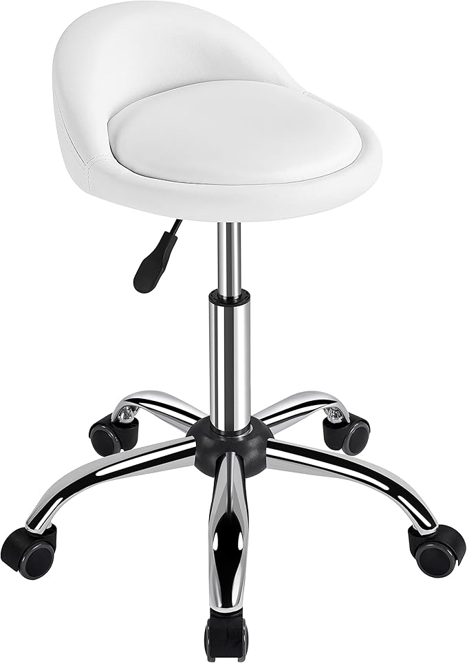 Yaheetech Rolling Stool Adjustable Swivel Stools Chair with Wheels & Back Support Round Tattoo PU Leather Salon Stools for Massage Spa, White