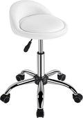 Yaheetech Rolling Stool Adjustable Swivel Stools Chair with Wheels & Back Support Round Tattoo PU Leather Salon Stools for Massage Spa, White