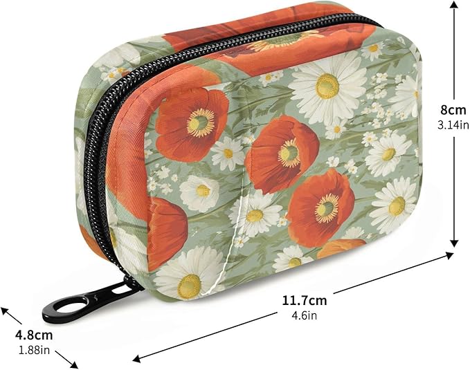 Poppy and Daisy Flowers Green Travel Pill Organizer Case Box Container Weekly Portable Vitamin Medicine Holder Storage Bag with Zipper Removable