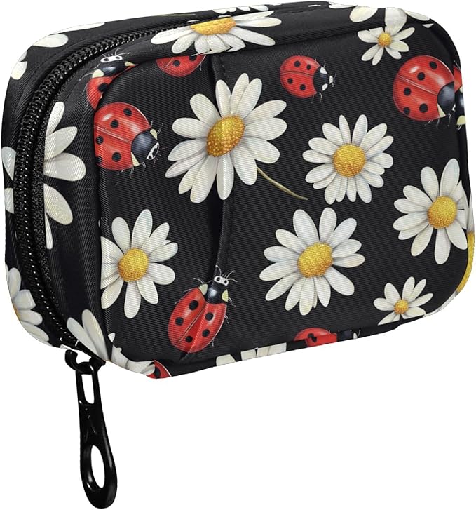 Fustylead Red Ladybugs and Daisy Floral Pill Organizer and Storage Weekly with Zipper, Removable Pill Box Portable Medicine Organizer for Vitamin Fish Oil Supplement